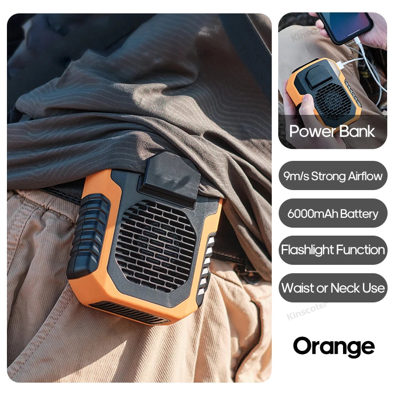Outdoor Hanging Waist Fan Portable Neck Fan 6000Mah Rechargeable 3 Speeds Silent Cooler Ventilator Fan for Hiking Running Sports